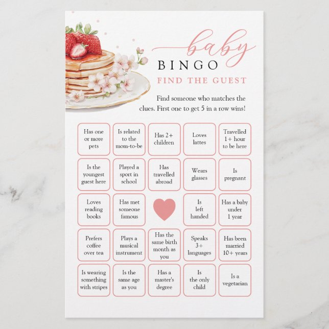 Strawberry Baby Brunch Find the guest Bingo Game (Front)