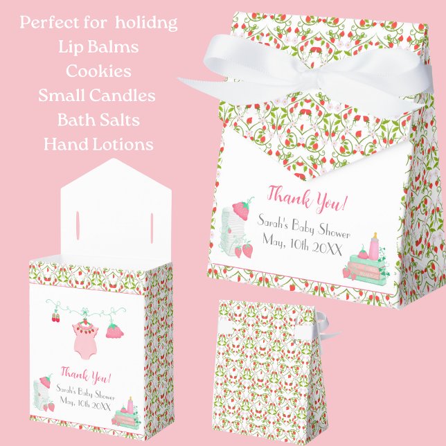 Strawberry Baby Outfit With Pattern Baby Shower Favor Boxes (Indulge guests with strawberries, a sweet keepsake for your special celebration!)