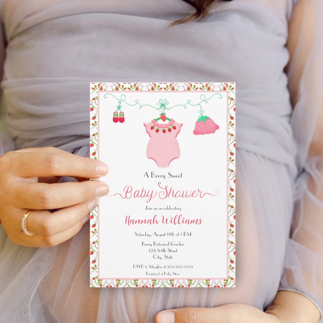 Strawberry Baby Outfit With Pattern Baby Shower Invitation (A sweet berry baby shower invitation for your upcoming mother to be celebration!)