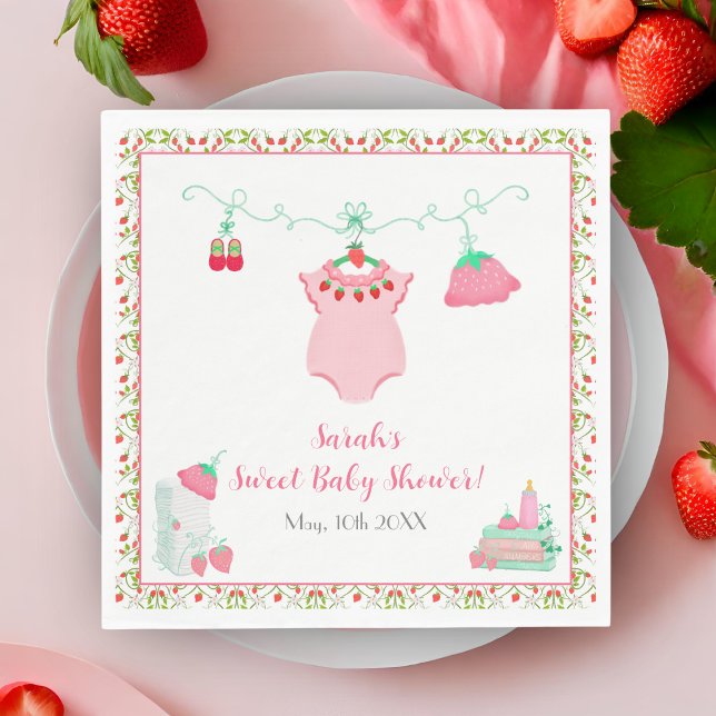 Strawberry Baby Outfit With Pattern Baby Shower Napkins (Napkins adorned with strawberries, adding sweetness to every baby shower.)