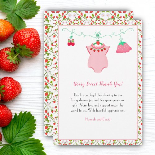 Strawberry Baby Outfit With Pattern Baby Shower Thank You Card