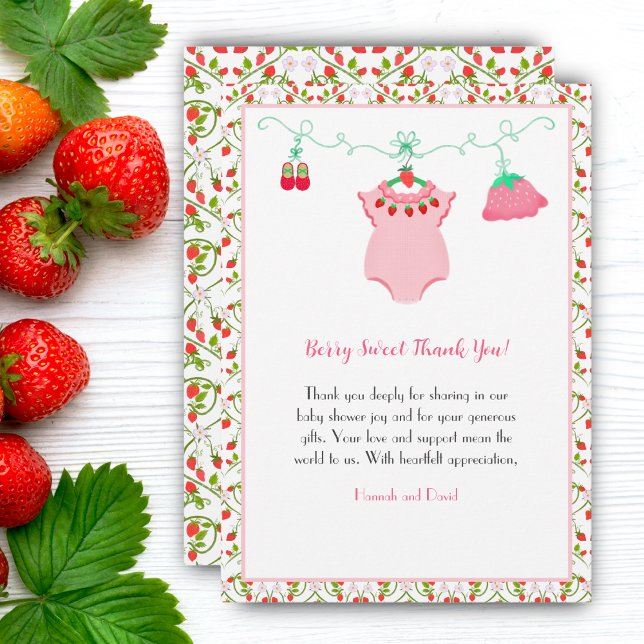 Strawberry Baby Outfit With Pattern Baby Shower Thank You Card (Sweeten your gratitude with strawberries, a charming way to thank!)
