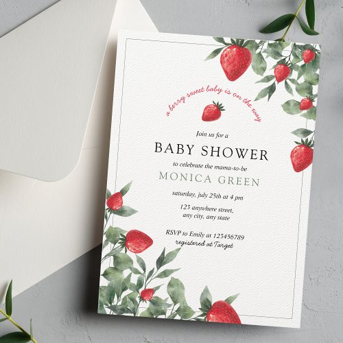 Strawberry Baby Shower  Berry Sweet Baby Greenery Invitation