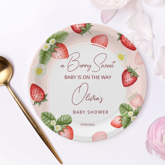 Strawberry baby shower berry sweet template paper plates (Strawberry baby shower personalized tableware berry sweet template paper plates)