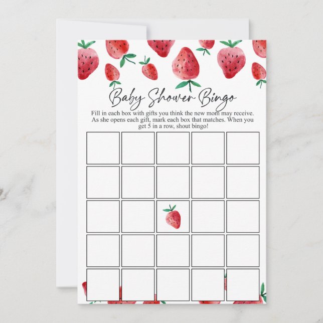 Strawberry baby shower bingo game card (Front)