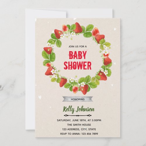 Strawberry baby shower birthday invitation