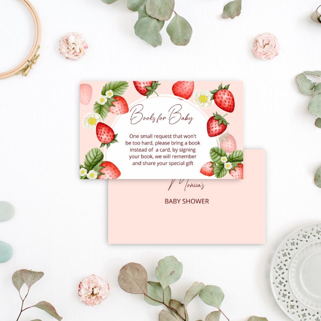 Strawberry baby shower books request enclosure card (Strawberry baby shower books request enclosure card berry sweet baby shower books for baby card)