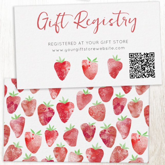 Strawberry Baby Shower Gift Registry QR Code Enclosure Card (Strawberry watercolor baby shower gift registry card with QR code)