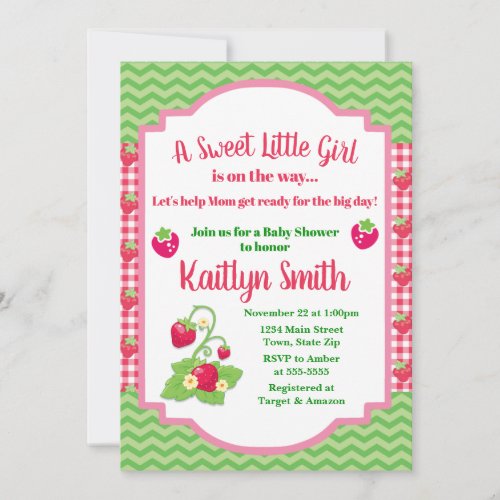 Strawberry Baby Shower Invitation 5x7 Girl Baby