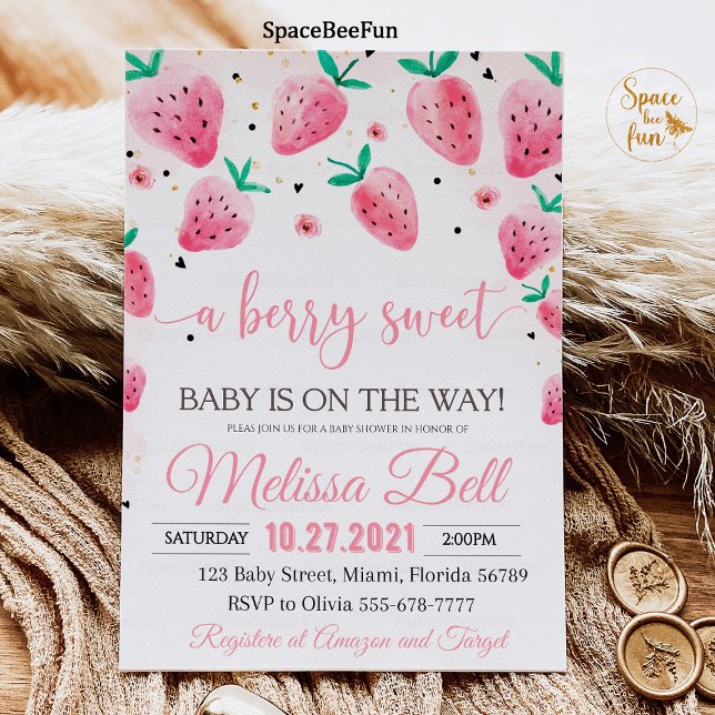 Strawberry Baby Shower Invitation Berry Sweet Baby (Berry Baby shower Invitation,Strawberry Baby Shower Invites,Berry Sweet Baby on the way,Girl Baby sh)