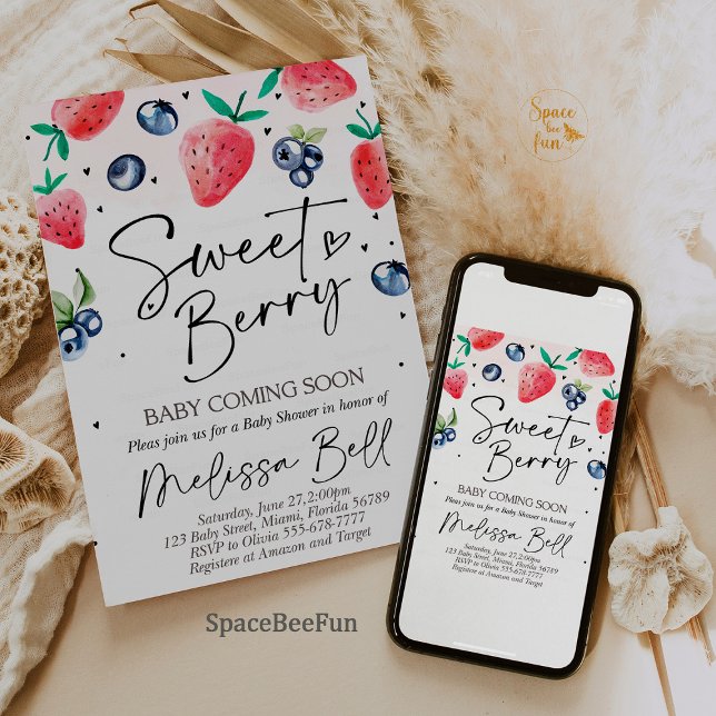 Strawberry Baby Shower Invitation BlueBerry (berry baby shower,invitation blueberry,strawberry baby shower invites,girl baby shower invite,fruit )