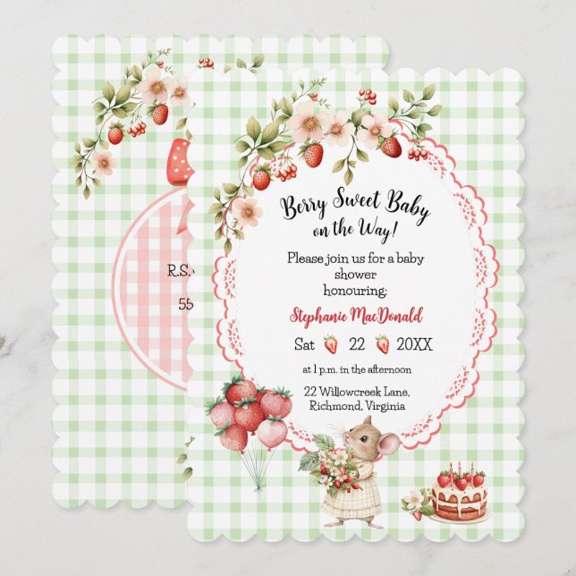 Strawberry Baby Shower Invitation- Green Gingham Invitation (Front/Back)