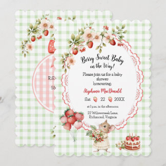 Strawberry Baby Shower Invitation- Green Gingham Invitation