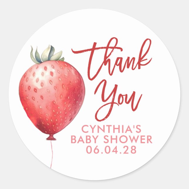 Strawberry Balloon Cute Fun Thank You Classic Round Sticker (Front)