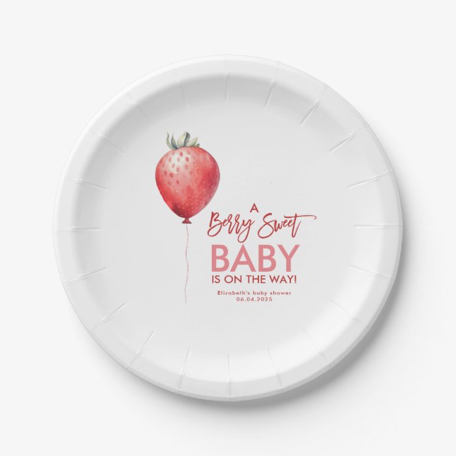 Strawberry Balloon Red and Pink Baby Shower Paper Plates (Front)