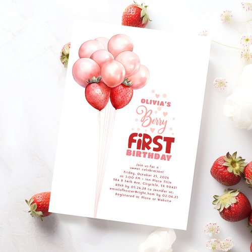 Strawberry Balloons Berry First Girls Birthday Invitation
