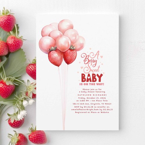 Strawberry Balloons Berry Sweet Baby Shower  Invitation
