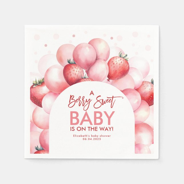 Strawberry Balloons Red and Pink Baby Shower Napkins (Front)