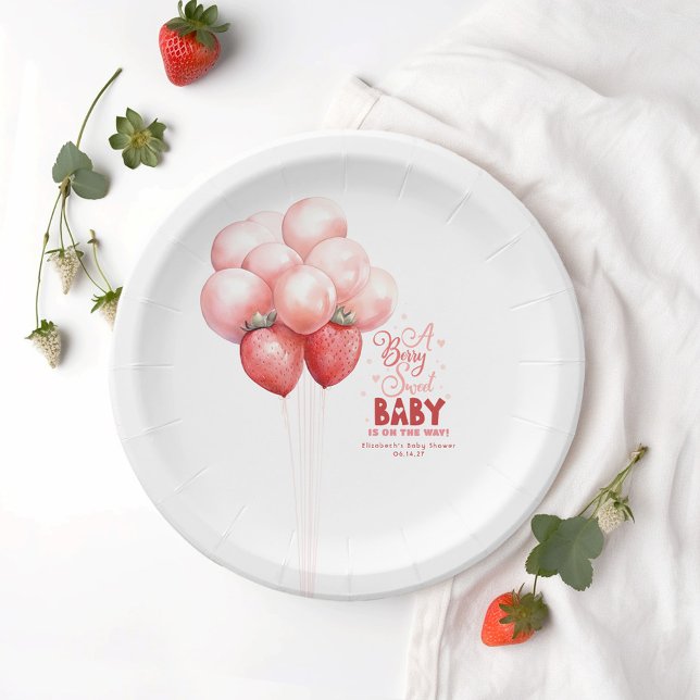 Strawberry Balloons Red and Pink Baby Shower Paper Plates (Creator Uploaded)