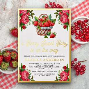 Strawberry Basket Berry Sweet Baby Shower Gold Foil Invitation