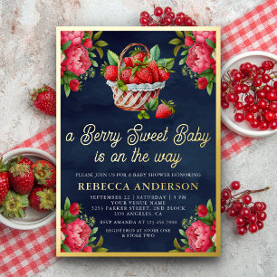 Strawberry Basket Sweet Baby Shower Navy Blue Gold Foil Invitation