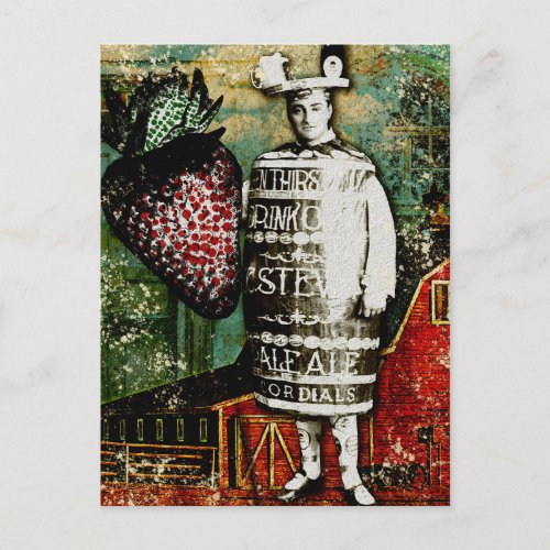 Strawberry Beer Guy _ Vintage Ephemera Collage Postcard