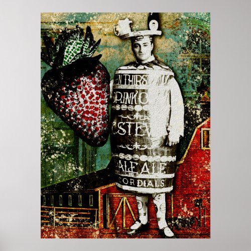 Strawberry Beer Guy _ Vintage Ephemera Collage Poster