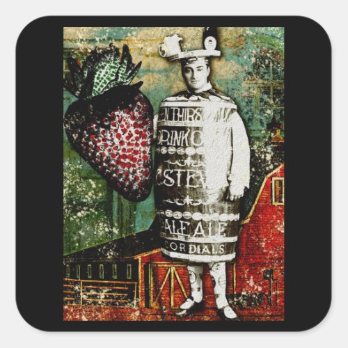 Strawberry Beer Guy _ Vintage Ephemera Collage Square Sticker