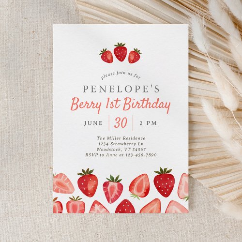 Strawberry Berry 1st Birthday Invitation