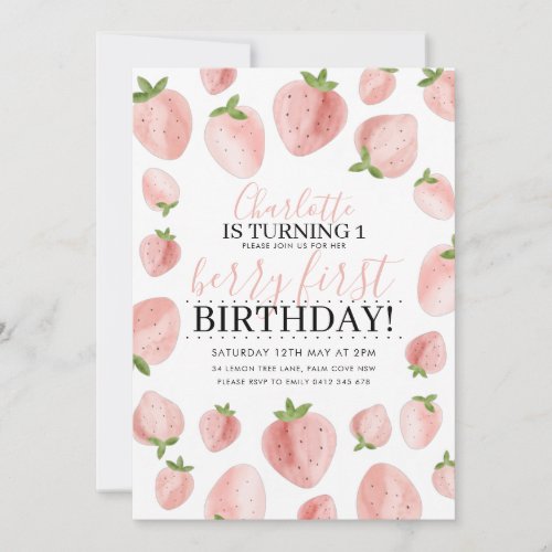 Strawberry Berry 1st Birthday Invitation Girls