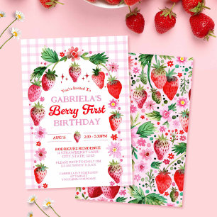 Strawberry Berry 1st Birthday Watercolor  Invitation