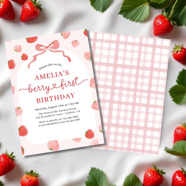 Strawberry Berry 1st First Bow Girl's Birthday Invitation (Creator Uploaded)