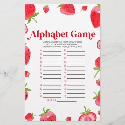 Strawberry Berry Alphabet Baby Shower Game Stationery