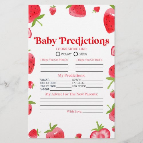 Strawberry Berry Baby Shower Predictions Activity Stationery