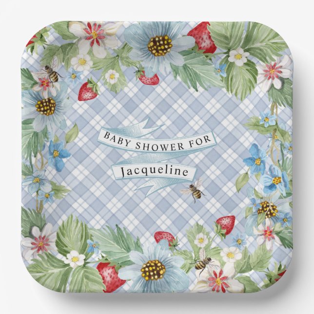 Strawberry Berry Blue Gingham Baby to Bee Shower Paper Plates (Front)