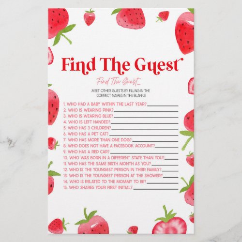 Strawberry Berry Find The Guest Baby Shower Game Stationery