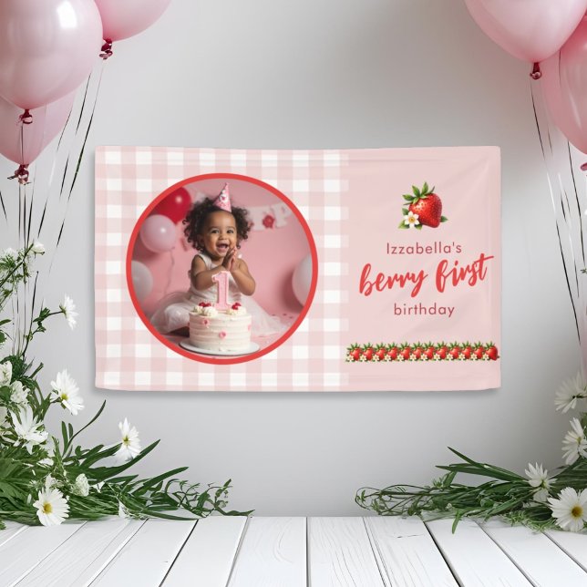 Strawberry Berry First 1st Birthday Banner (Berry First Strawberry First Birthday Party Wall Banner)