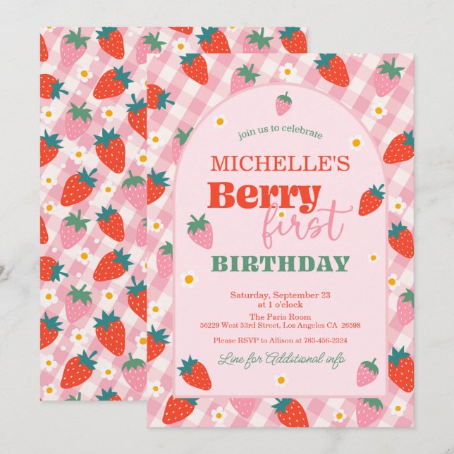 Strawberry Berry First 1st Birthday Gingham Invitation (Front/Back)