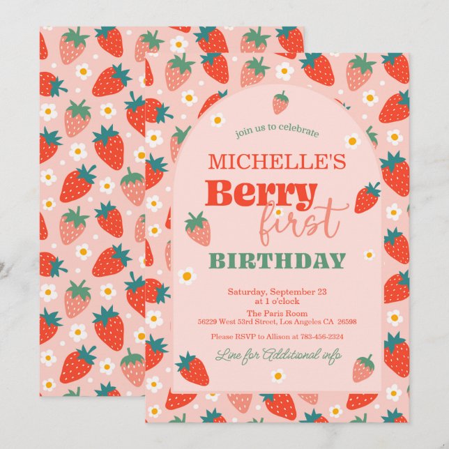 Strawberry Berry First 1st Birthday Invitation (Front/Back)
