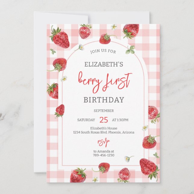 Strawberry Berry First 1st Birthday Invitation (Front)
