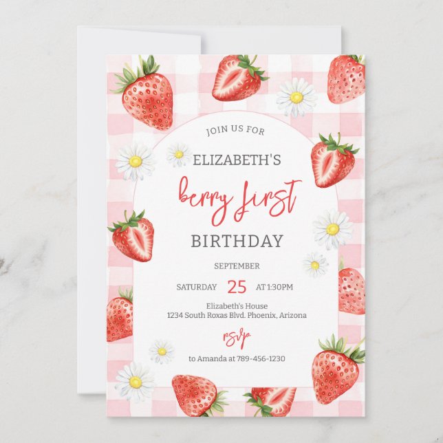 Strawberry Berry First 1st Birthday Invitation (Front)