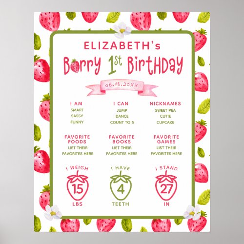 Strawberry Berry First 1st Birthday Milestones Poster