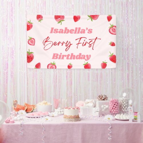 Strawberry Berry First 1st Birthday Party Banner