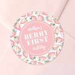 Strawberry Berry First 1st Birthday Party Classic Round Sticker<br><div class="desc">A cute and girly Berry First 1st birthday round sticker, perfect for party favors, envelope seals, or decorations. This design features a watercolor pink strawberry pattern with green leaves around the edge. The center has a soft pink circle with Kid's Name BERRY FIRST Birthday in white, adding a sweet and...</div>