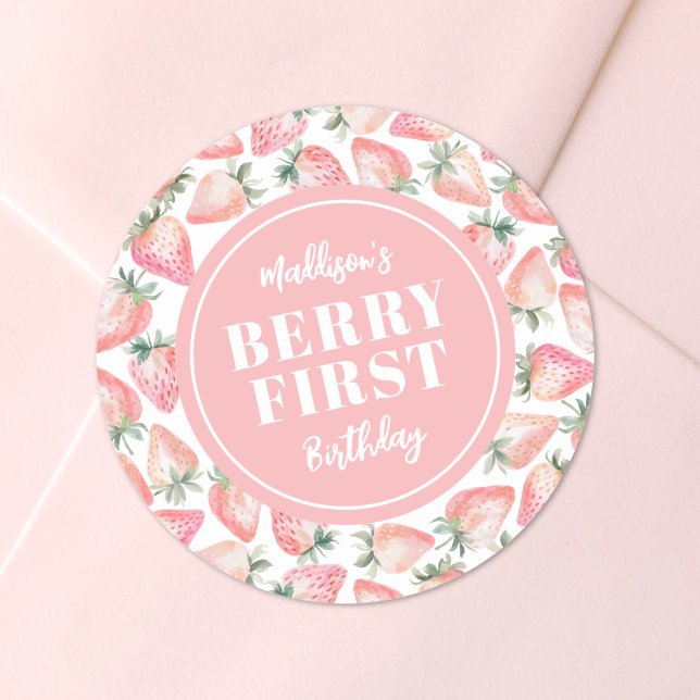 Strawberry Berry First 1st Birthday Party Classic Round Sticker (Strawberry Berry First 1st Birthday Party Classic Round Sticker )
