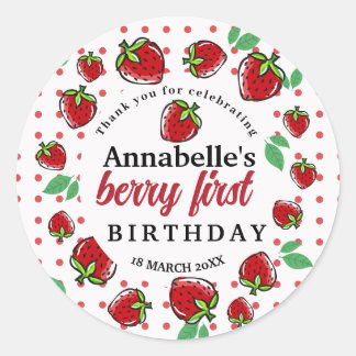 Strawberry Berry First 1st Birthday Party Classic Round Sticker