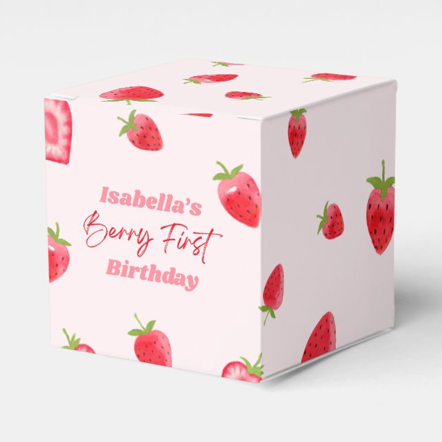 Strawberry Berry First 1st Birthday Party Favor Boxes (Front Side)
