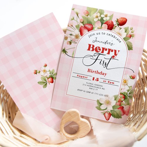 Strawberry Berry First  1st birthday party Invitation