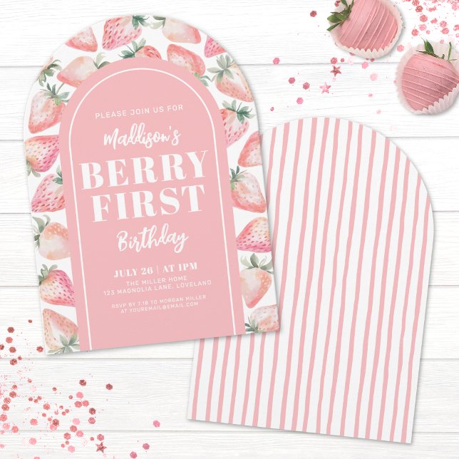 Strawberry Berry First 1st Birthday Party Invitation (Strawberry Berry First 1st Birthday Party Invitation)