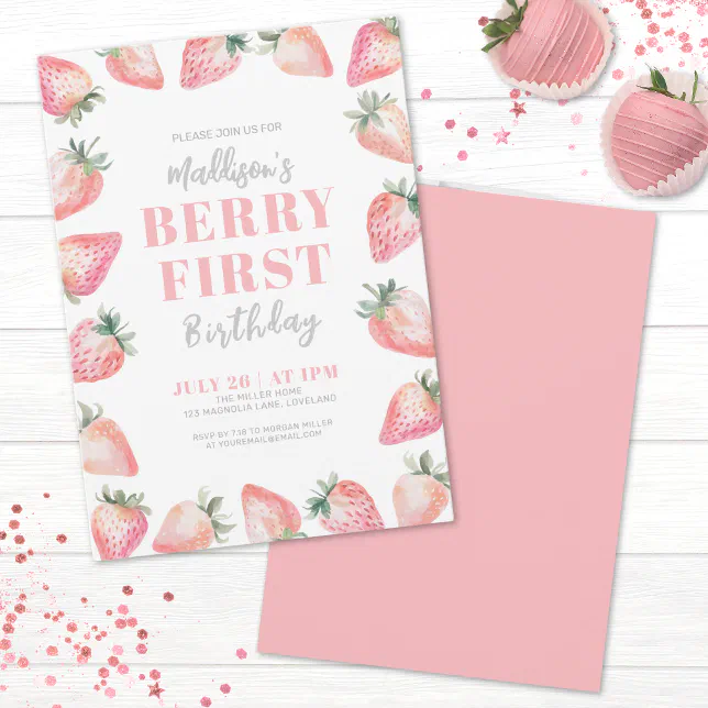 Strawberry Berry First 1st Birthday Party Invitation | Zazzle